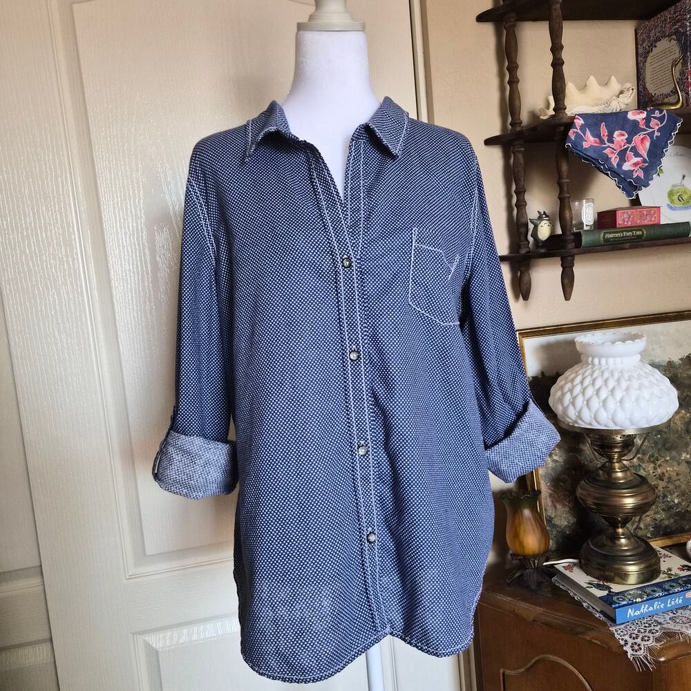 DKNY Micro Star Print Cotton and Linen Button Down Americana Shirt Sz XL